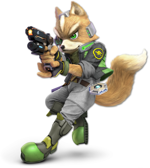 Fox in Super Smash Bros Ultimate, an anthropomorphic orange fox holding a laser gun, wearing green boots, grey trousers, a green shirt and a green pilot's jacket, with some fancy equipment and a delightfully fluffy tail.