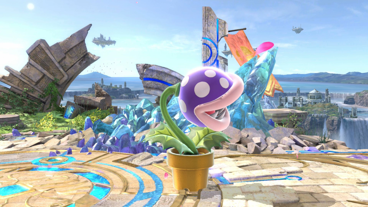 A screenshot from a Super Smash Bros Ultimate game, of a purple Piranha Plant on the Battlefield stage.