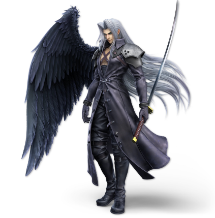 Sephiroth in Super Smash Bros Ultimate. He's a tall slender japanese man in leather trousers, a leather coat with pauldrons, leather boots, and a corset of some kind, with a pair of belts covering his chest. with long flowing silver hair and a single wing, which is black here. His clothing is subtly purple, but its very hard to tell. He's definitely not shirtless though, that's a different Smash costume.