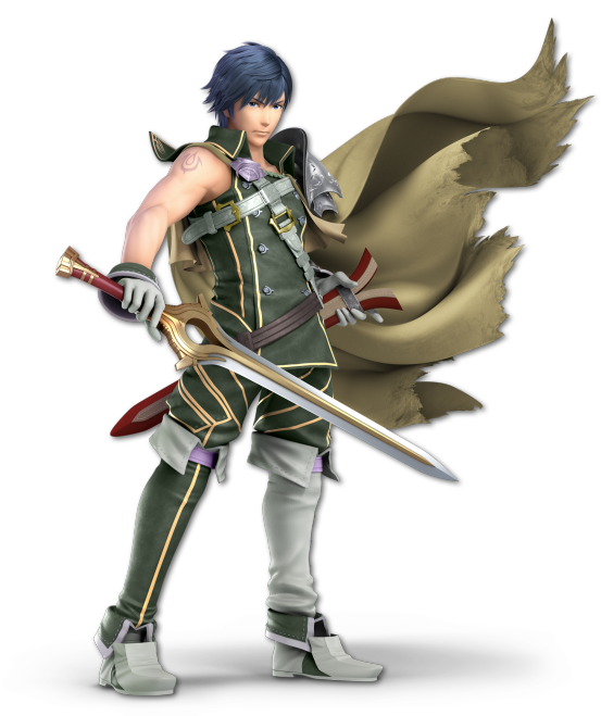 Bing's render in Super Smash Bros Ultimate, Chrom from Fire Emblem dressed in green and yellow.