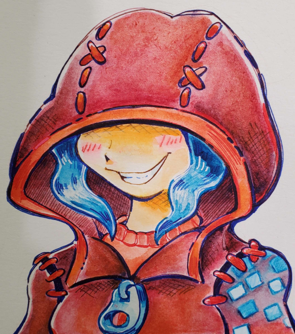 A coloured drawing of a woman wearing a red hoodie with large prominent stitching on the hood and shoulders, a giant zipper, a folded down collar between the zipper and hood, glowing blue squares of varying shades on the left sleeve, and the hood up covering her eyes. She's wearing a light red shirt underneath, her hair is electric blue coming down the sides of her head in two locks, she's blushing a bit, and she's grinning widely and slightly menacingly.