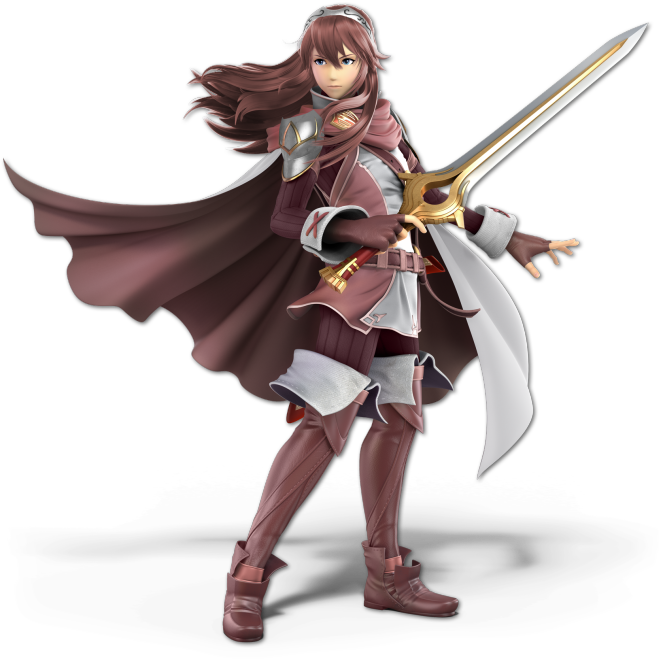 Lucina from Super Smash Bros Ultimate, red costume. Her hair, cloak, boots, legings, shirt, and jacket are all varying shades of burgundy. Why is she like this.