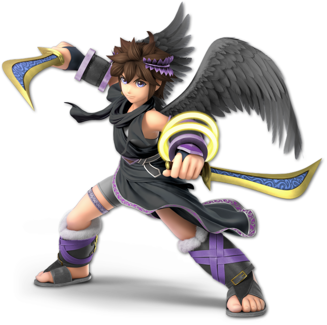 Pit's black and purple costume from Super Smash Bros Ultimate. His wings are black, his tunic and sandles are black with a purple trim, and he's wearing purple laurels around his brown hair.