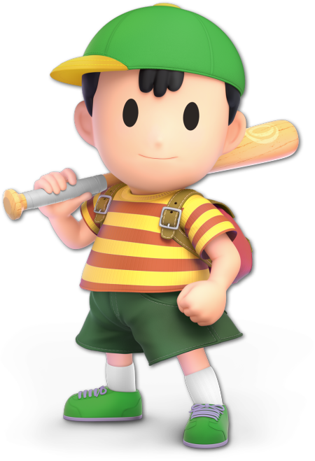 Ness in Super Smash Bros Ultimate, holding a baseball bat, wearing a green cap and shoes, dark green shorts, a red backpack, and a yellow and burnt orange striped shirt.