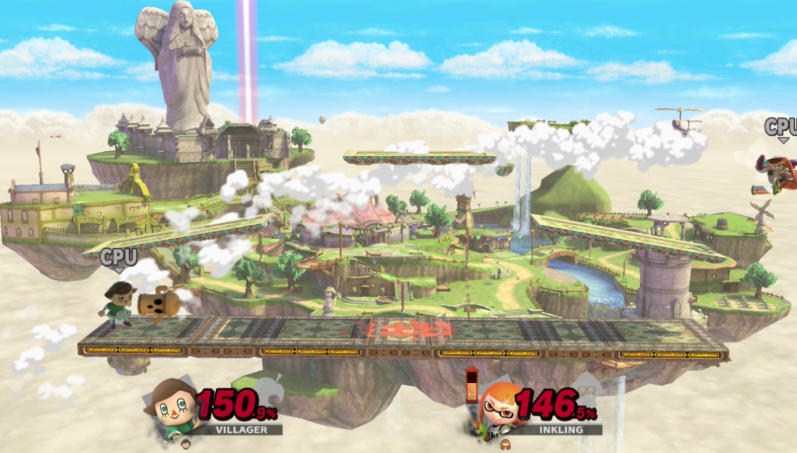 Juniper vs Waltz are on opposite sides of the stage, both are at about 150%, Juniper is setting up a rocket, Waltz is in the middle of flying away from Juniper's side after being hit.